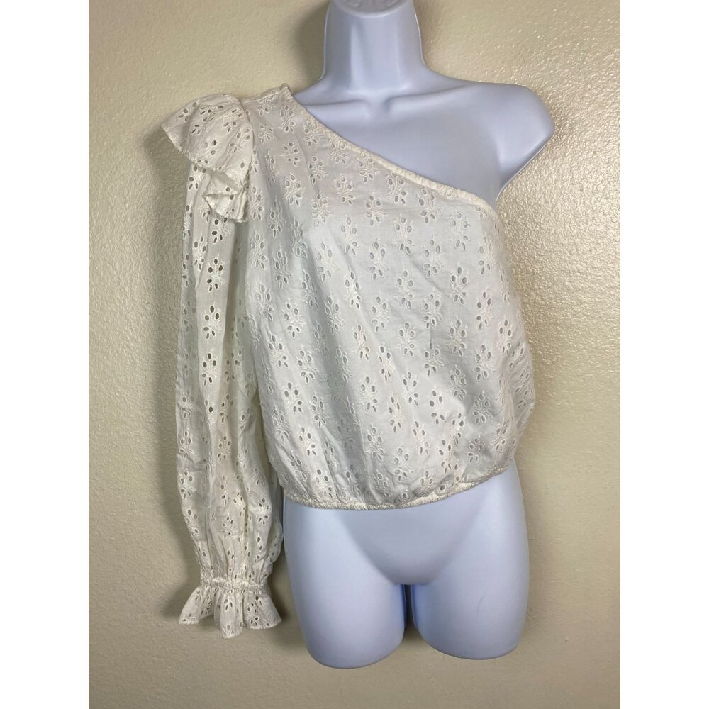 Cami NYC One Shoulder White Eyelet Blouse Top size Small Puff Sleeve Ruffle Cuff
